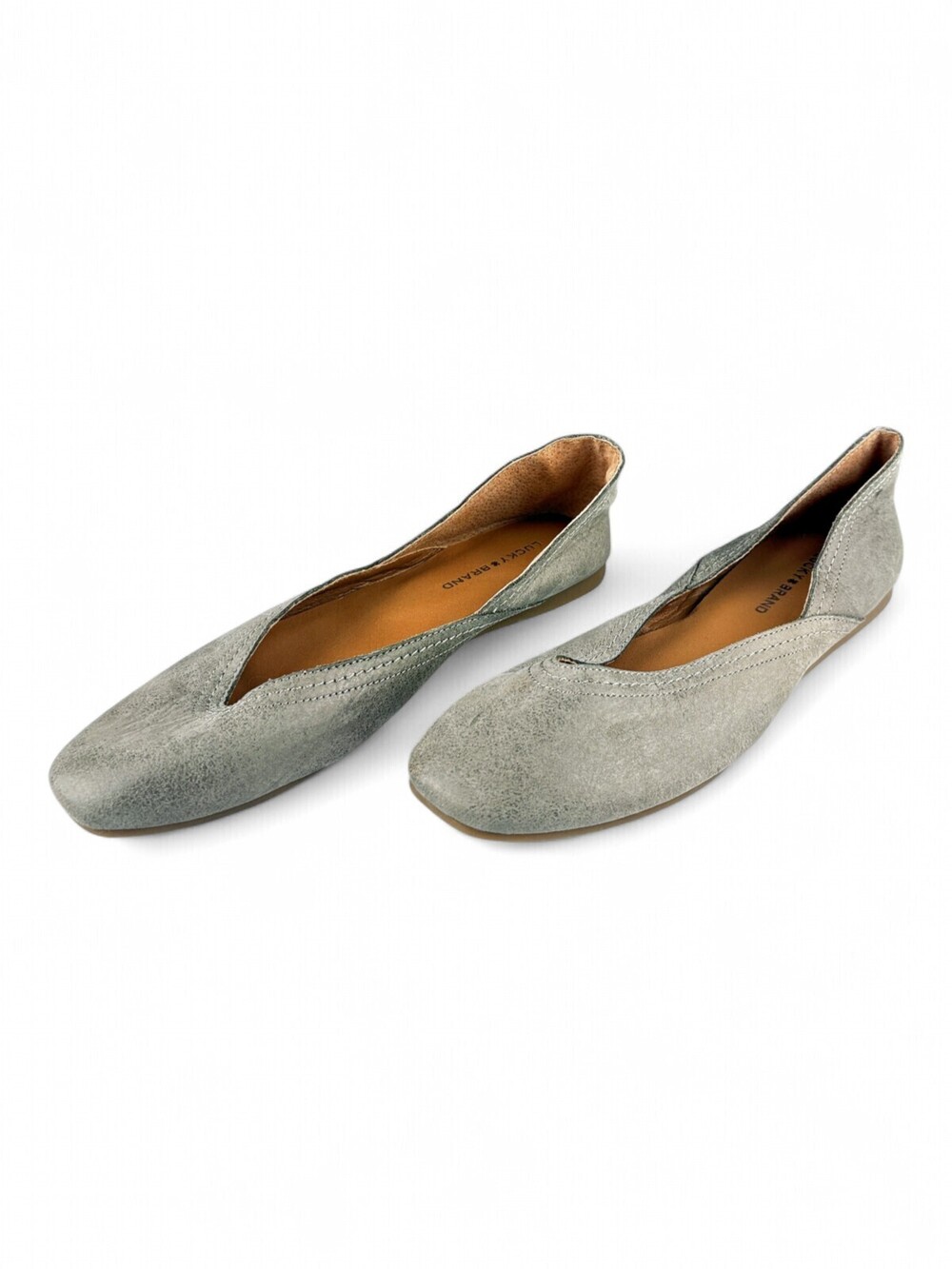 Lucky Brand Alsa Gray Leather V-Cut Flats Shoes Womens 7 LK-ALSA
